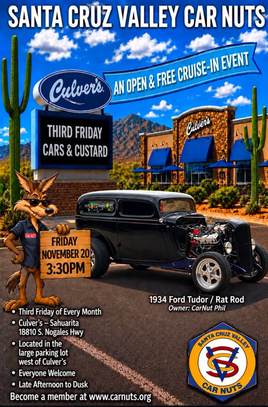 Flyer for Santa Cruz Valley Car Nuts Third Friday Cars & Custard Cruise-In