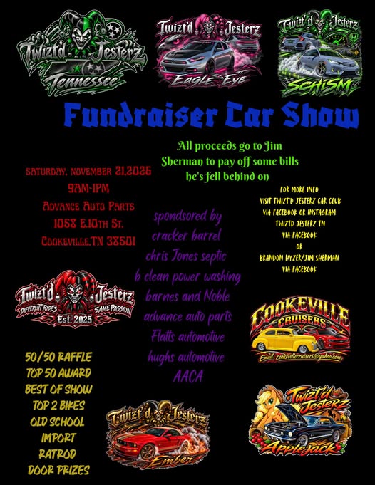 Flyer for Twisted Jesterz Fundraiser Car Show