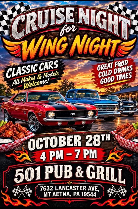 Flyer for Cruise Night for Wing Night at 501 Pub & Grill