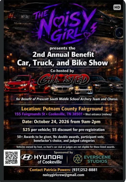 Flyer for The Noisy Girl 2nd Annual Benefit Car, Truck, and Bike Show