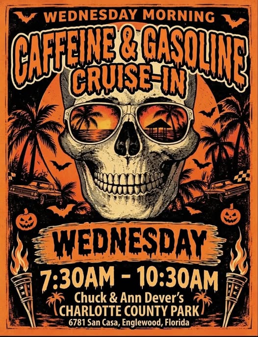 Flyer for Caffeine & Gasoline Cruise-In at Charlotte County Park