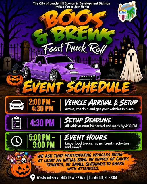 Flyer for Lauderhill Boos & Brews Food Truck Roll