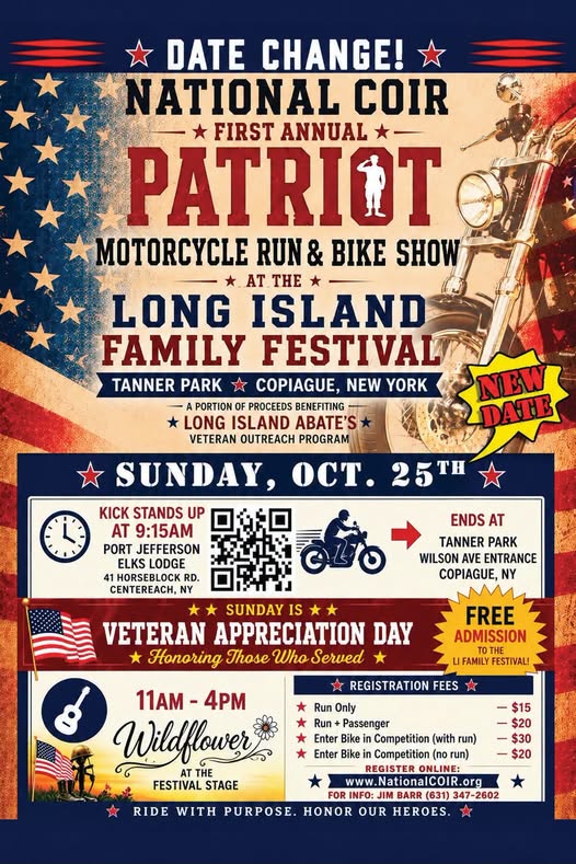 Flyer for National Coir First Annual Patriot Motorcycle Run & Bike Show at the Long Island Family Festival