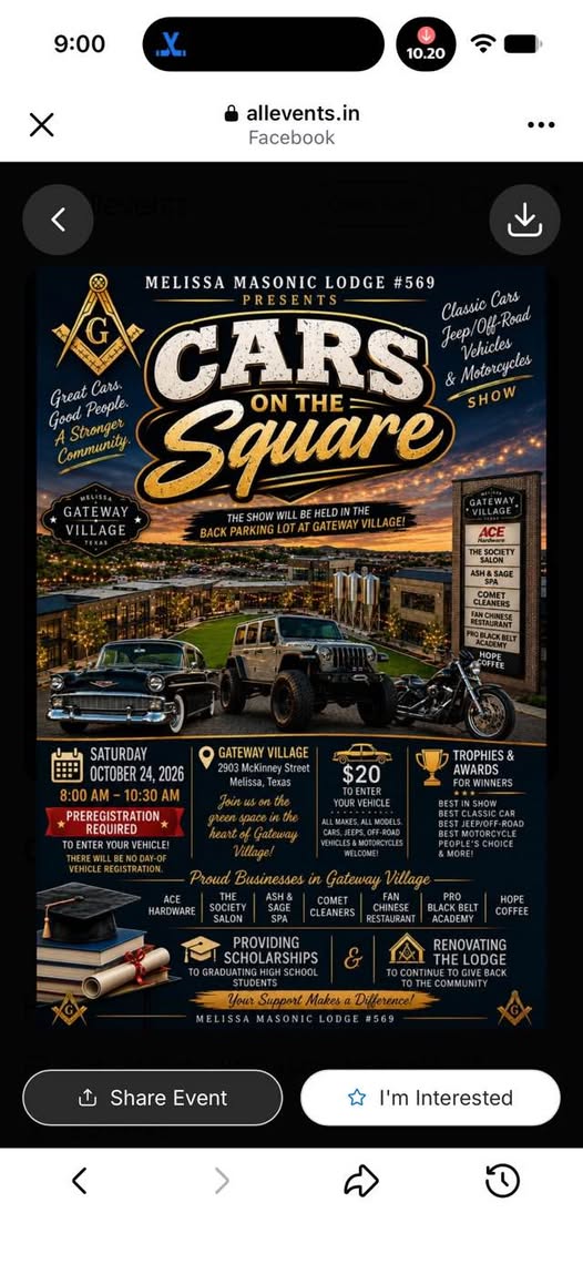 Flyer for Melissa Masonic Lodge #569 Cars on the Square