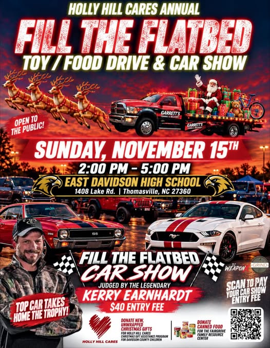 Flyer for Holly Hill Cares Annual Fill the Flatbed Toy/Food Drive & Car Show