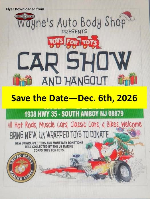 Flyer for Wayne's Auto Body Shop Toys for Tots Car Show and Hangout