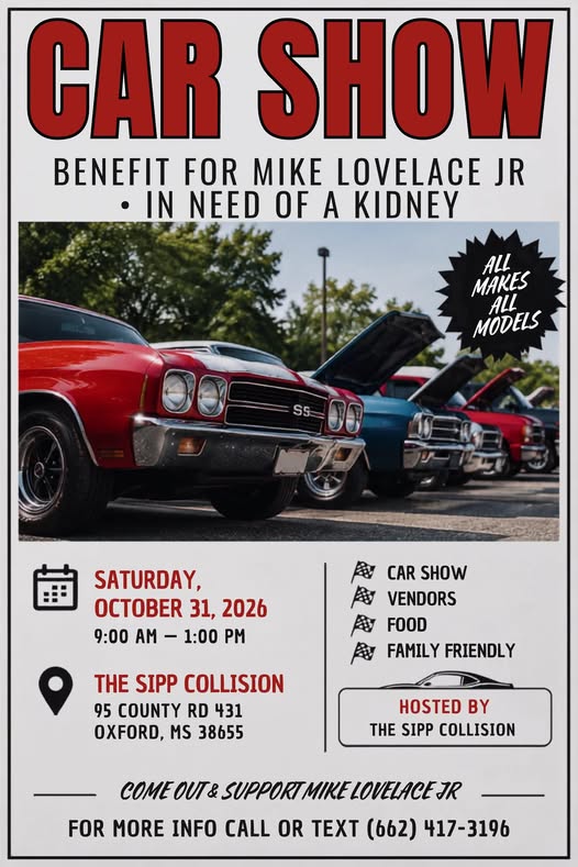 Flyer for The Sipp Collision Car Show Benefit for Mike Lovelace Jr