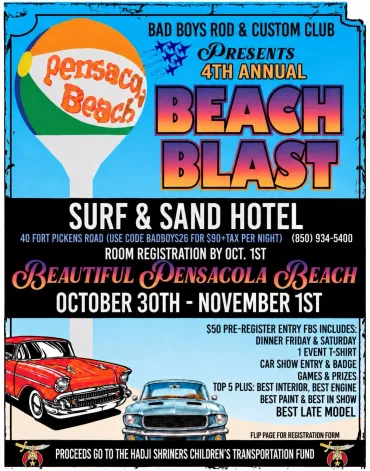 Flyer for Bad Boys Rod & Custom Club 4th Annual Beach Blast