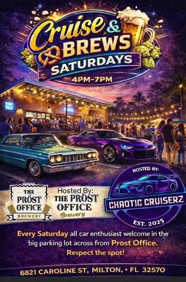Flyer for Cruise & Brews Saturdays at Prost Office