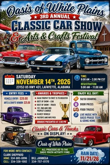 Flyer for Oasis of White Plains 3rd Annual Classic Car Show & Art & Crafts Festival