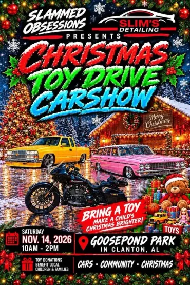 Flyer for Slammed Obsession & Slim's Detailing Christmas Toy Drive Car Show