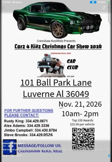 Flyer for Crenshaw Kool Ridz Car4 Kidz Christmas Car Show 2026