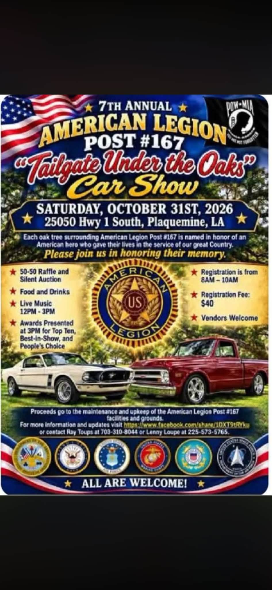 Flyer for 7th Annual American Legion Post #167 Tailgate Under the Oaks Car Show