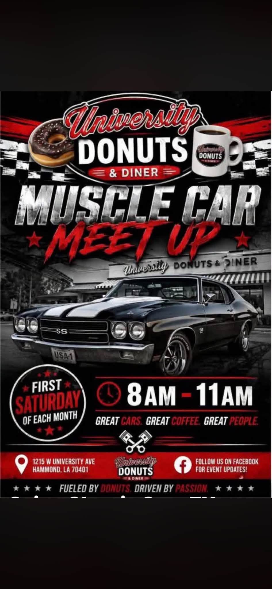 Flyer for University Donuts & Diner Muscle Car Meet Up