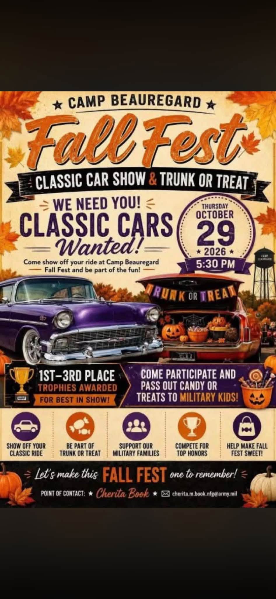 Flyer for Camp Beauregard Fall Fest Classic Car Show & Trunk or Treat