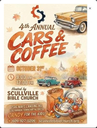 Flyer for 4th Annual Cars & Coffee - Scullville Bible Church