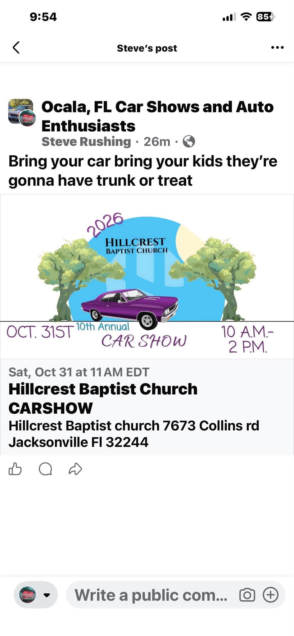 Flyer for Hillcrest Baptist Church Carshow