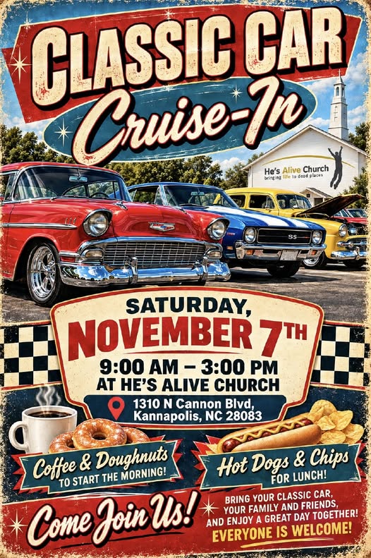 Flyer for He's Alive Church Classic Car Cruise-In