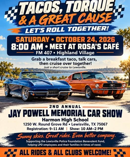 Flyer for Tacos, Torque & A Great Cause - Jay Powell Memorial Car Show
