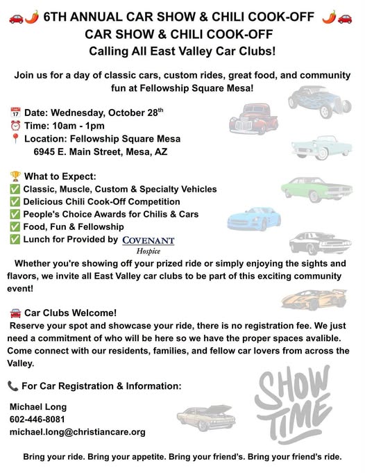 Flyer for 6th Annual Car Show & Chili Cook-Off at Fellowship Square Mesa