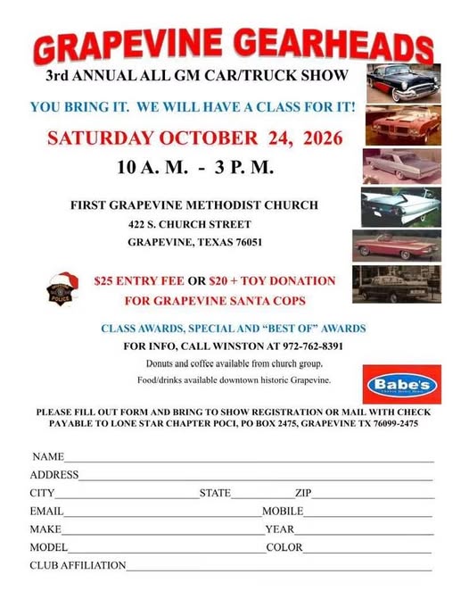 Flyer for Grapevine Gearheads 3rd Annual All GM Car/Truck Show