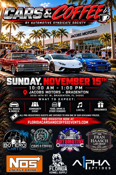 Flyer for Cars & Coffee by Automotive Syndicate Society - Bradenton