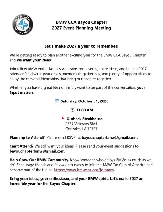 Flyer for BMW CCA Bayou Chapter 2027 Event Planning Meeting