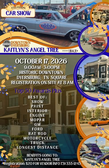 Flyer for Downtown Dyersburg Kaitlyn's Angel Tree Car Show