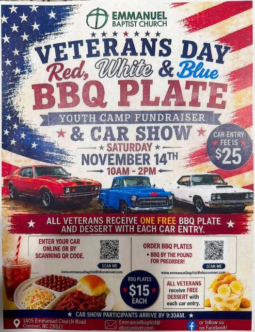 Flyer for Emmanuel Baptist Church Veterans Day Red, White & Blue BBQ Plate & Car Show