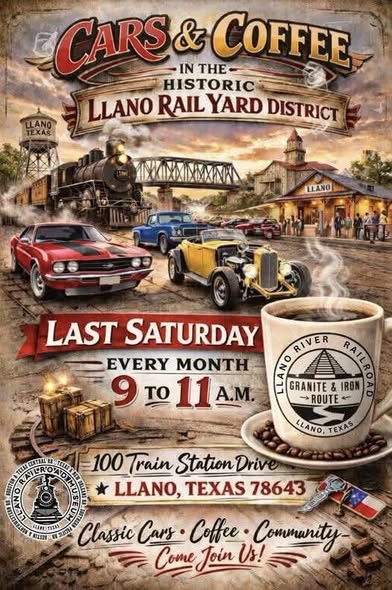 Flyer for Cars & Coffee in the Historic Llano Rail Yard District