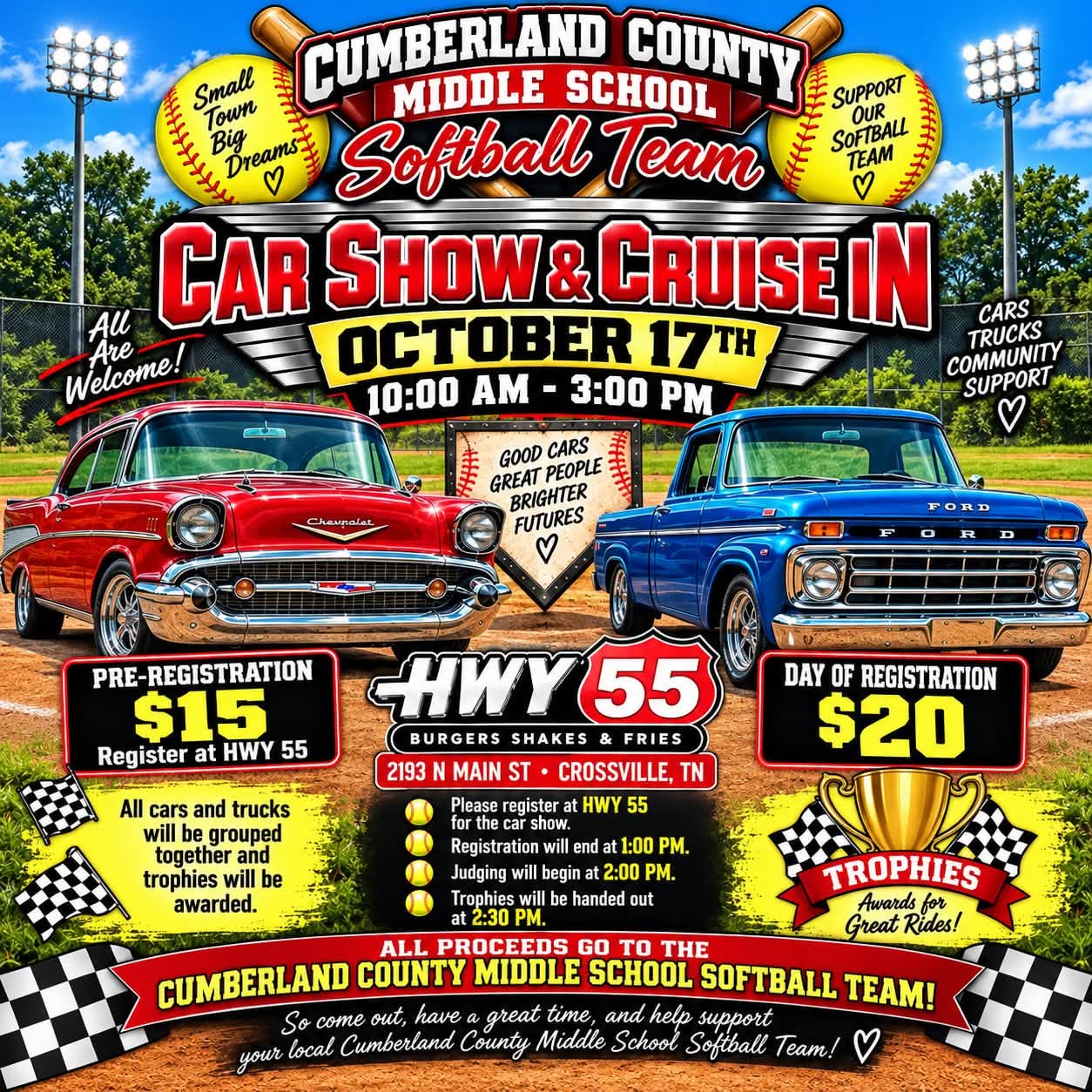 Flyer for Cumberland County Middle School Softball Team Car Show & Cruise In