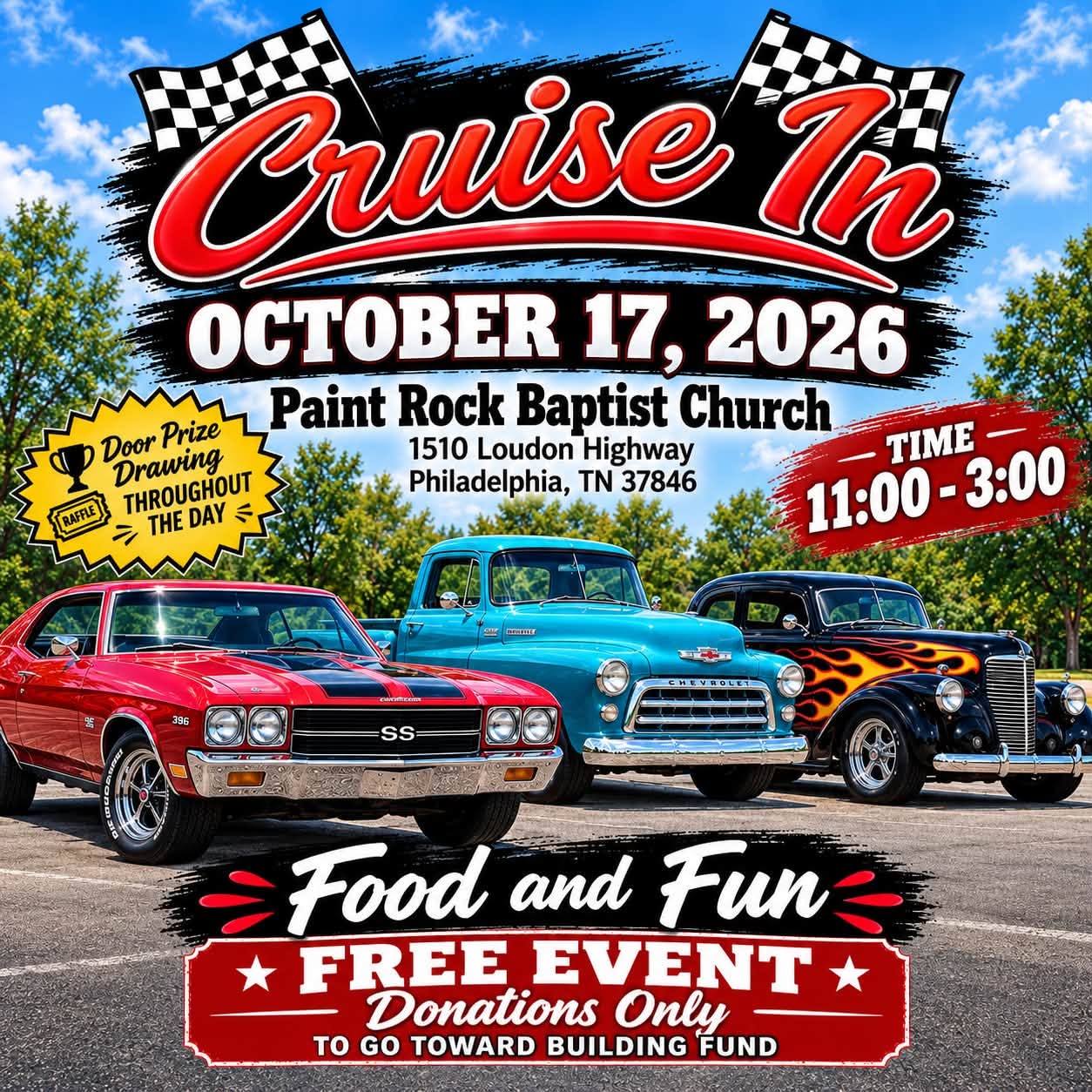 Flyer for Paint Rock Baptist Church Cruise In