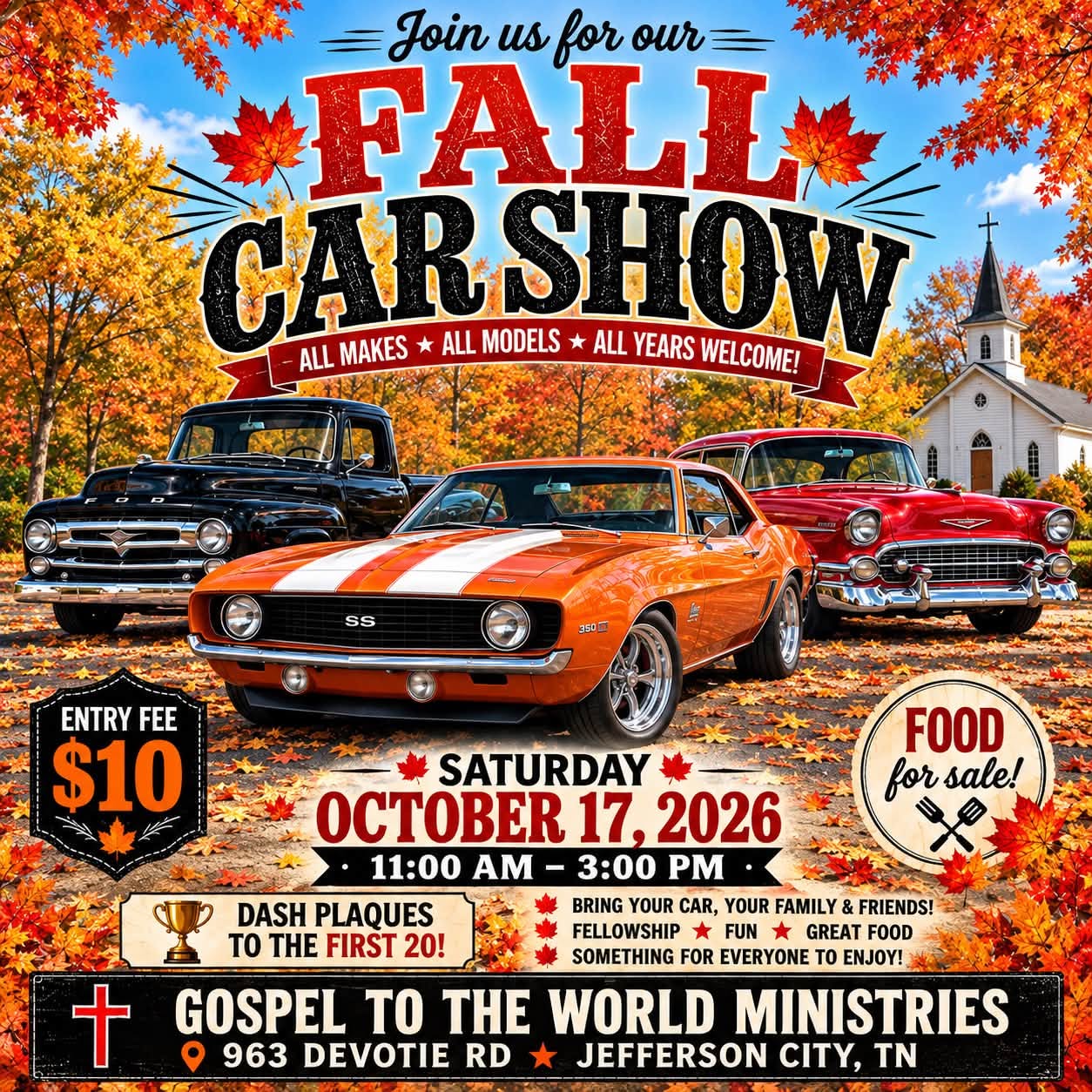 Flyer for Gospel to the World Ministries Fall Car Show