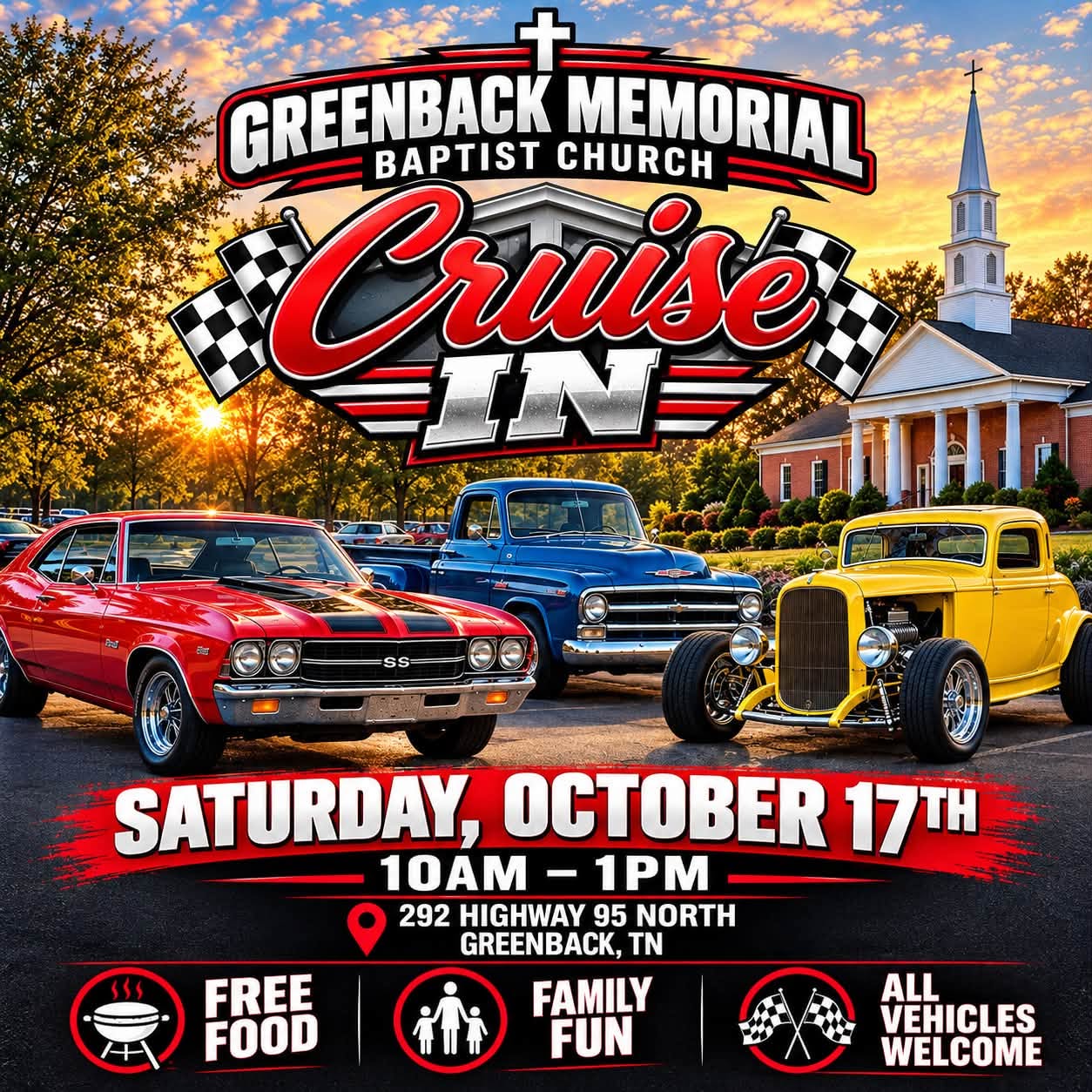 Flyer for Greenback Memorial Baptist Church Cruise In