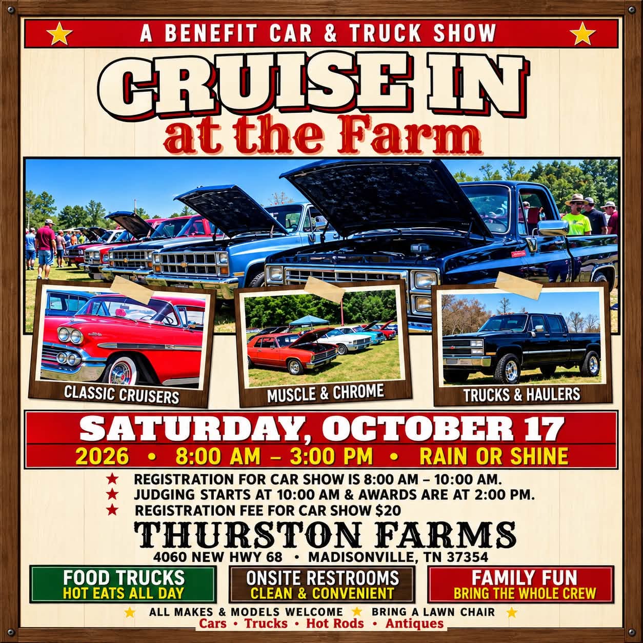 Flyer for Cruisin at the Farm Benefit Car & Truck Show