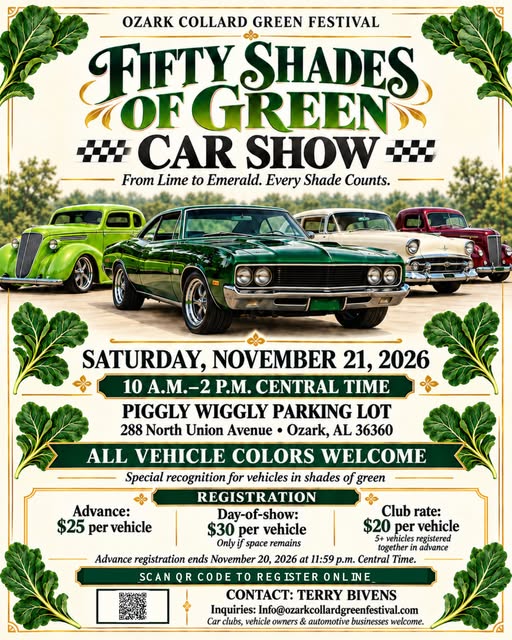 Flyer for Ozark Collard Green Festival Fifty Shades of Green Car Show
