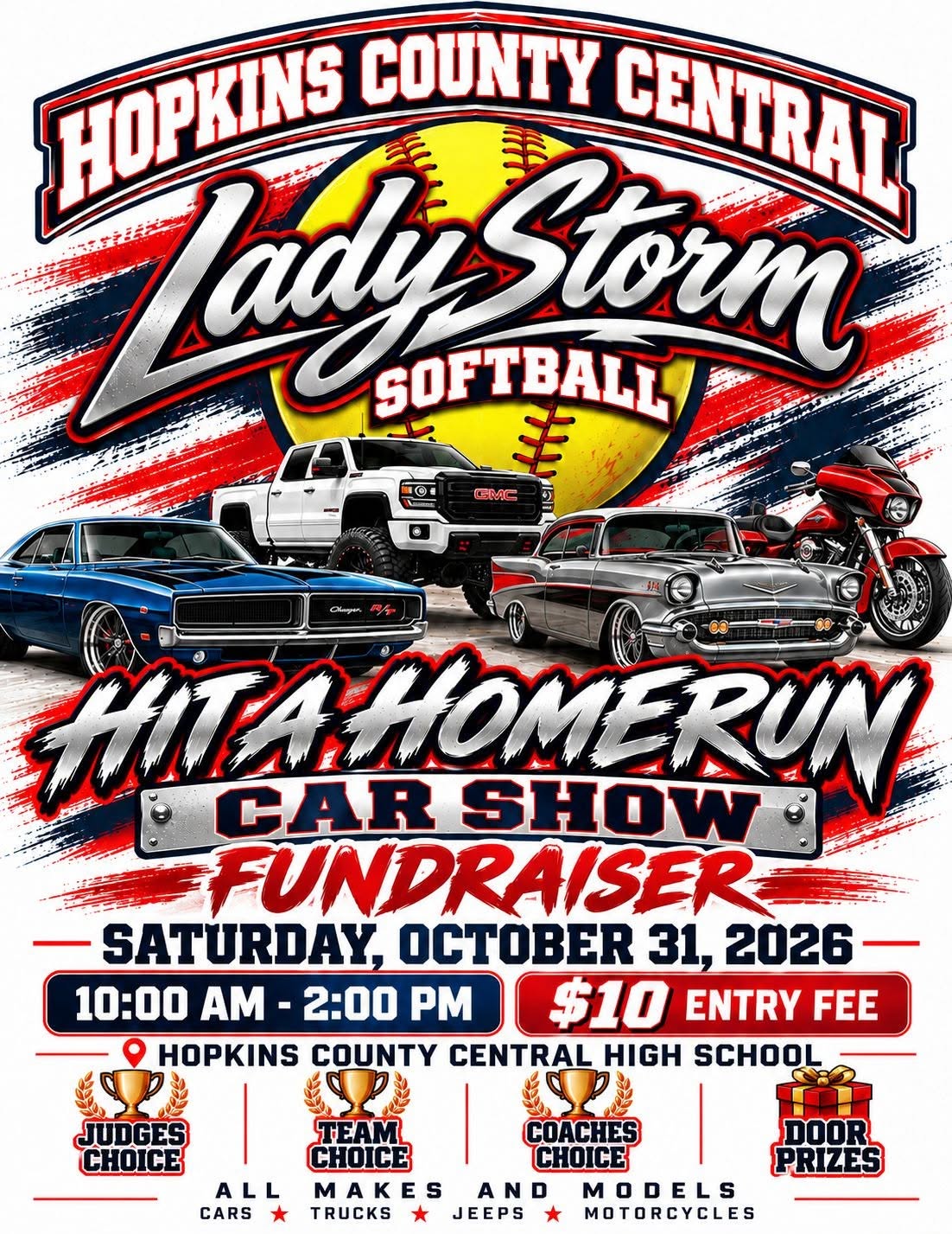 Flyer for Hopkins County Central Lady Storm Softball Hit A Homerun Car Show Fundraiser