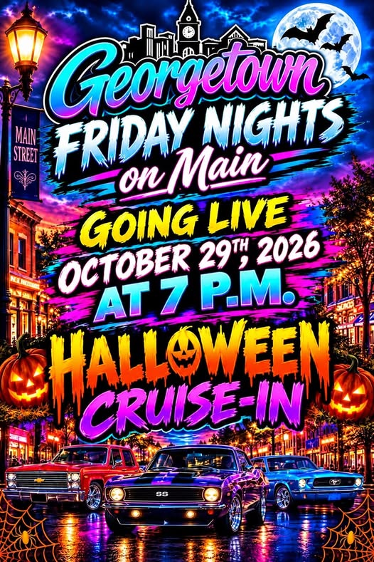 Flyer for Georgetown Friday Nights on Main Halloween Cruise-In