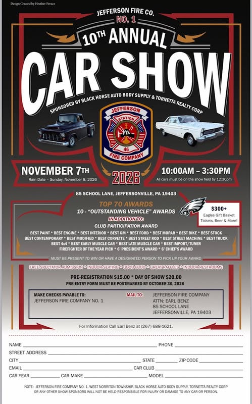 Flyer for Jefferson Fire Co. No. 1 10th Annual Car Show