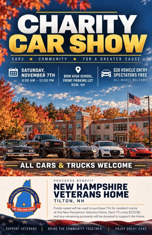 Flyer for Bow High School Charity Car Show for New Hampshire Veterans Home