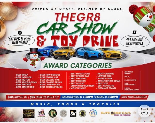 Flyer for THEGR8 Car Show & Toy Drive