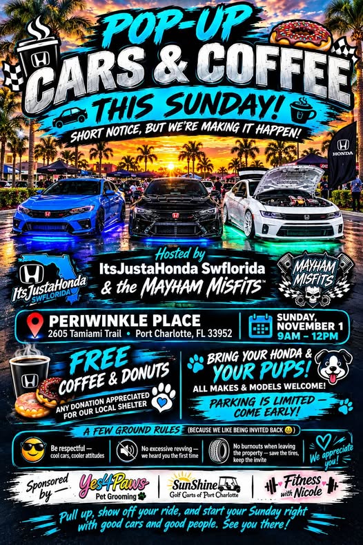 Flyer for Pop-Up Cars & Coffee at Periwinkle Place