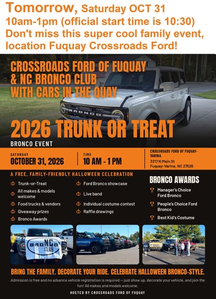 Flyer for 2026 Trunk or Treat Bronco Event at Crossroads Ford of Fuquay
