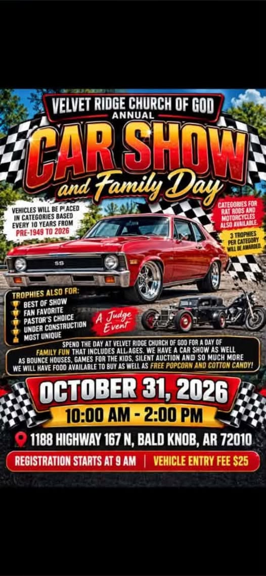 Flyer for Velvet Ridge Church of God Annual Car Show and Family Day