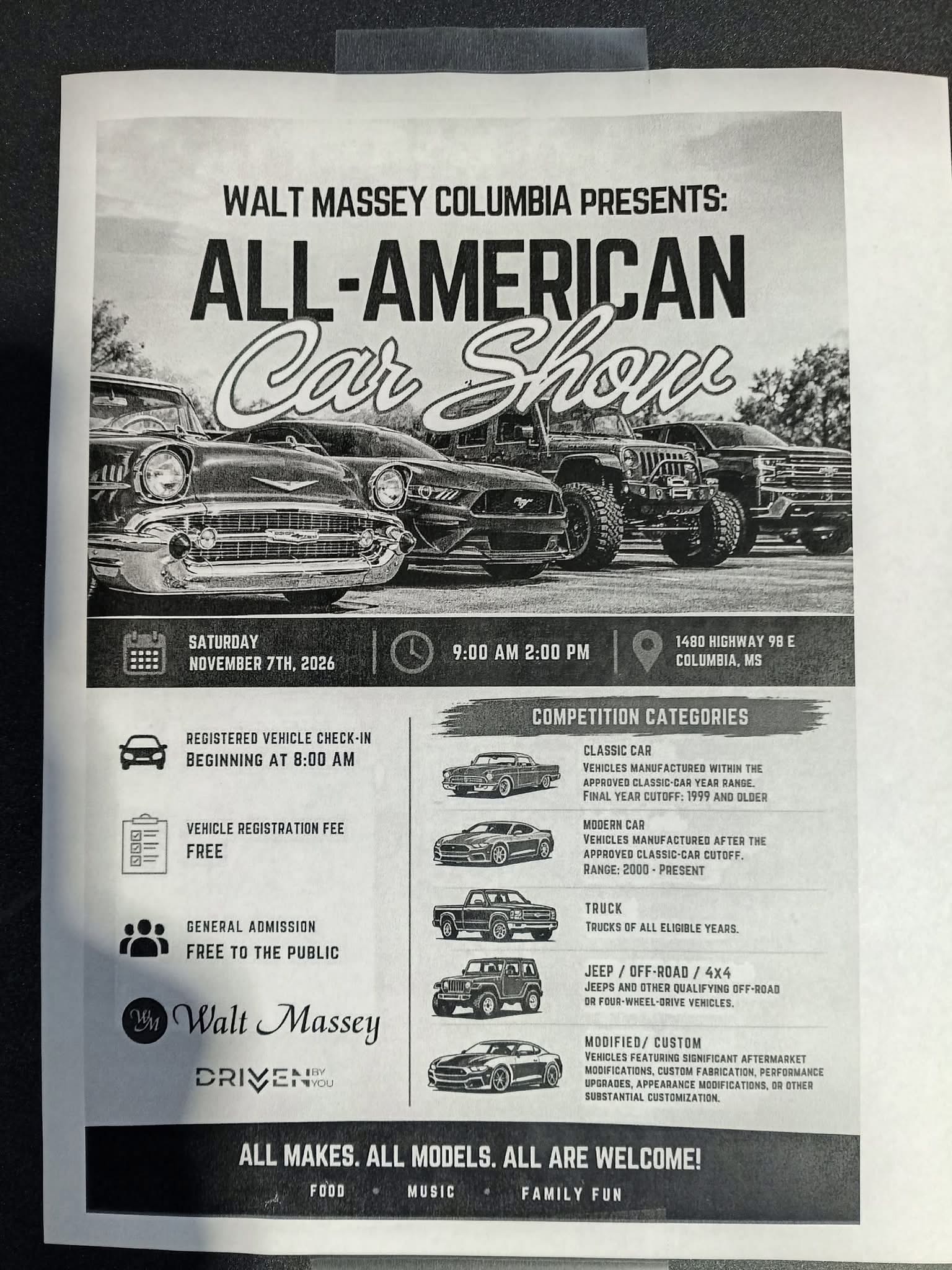 Flyer for Walt Massey Columbia All-American Car Show
