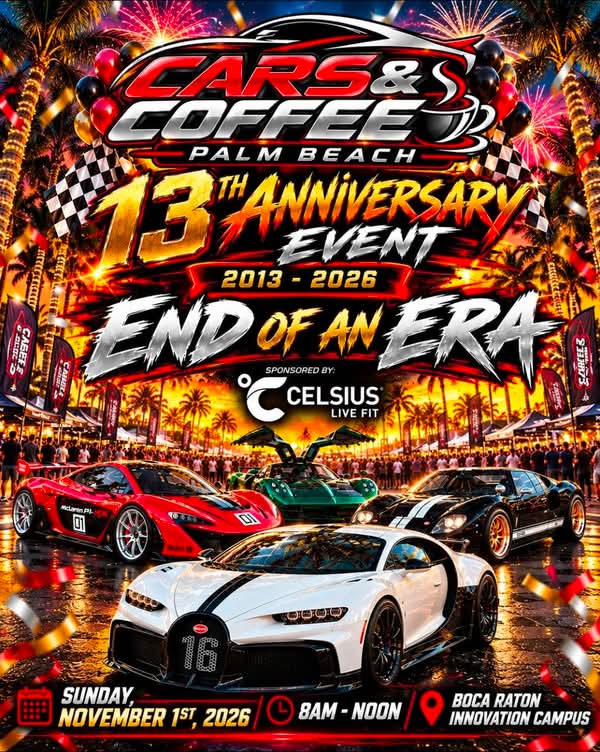 Flyer for Cars & Coffee Palm Beach 13th Anniversary Event