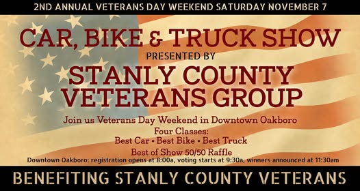 Flyer for 2nd Annual Oakboro Veterans Day Weekend Car Show
