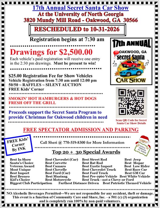 Flyer for Secret Santa Car Show of Oakwood