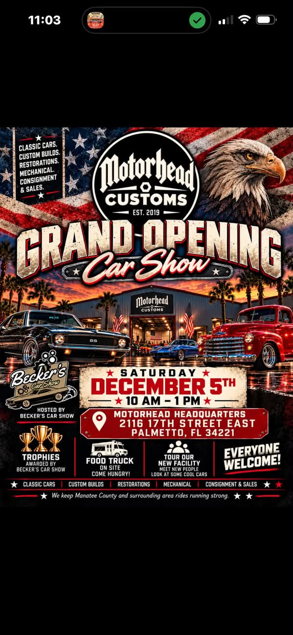 Flyer for Motorhead Customs Garage Grand Opening Car Show