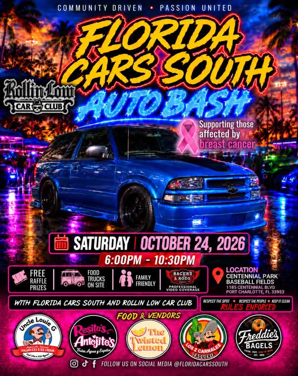 Flyer for Florida Cars South Auto Bash ft. Rollin Low Club